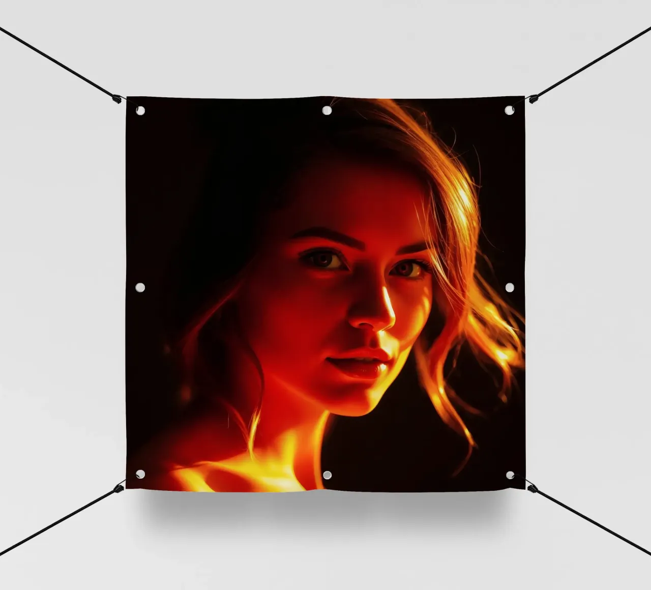 una donna con una luce calda che mette in risalto i suoi tratti espressivi telo in pvc da DesignDoodle