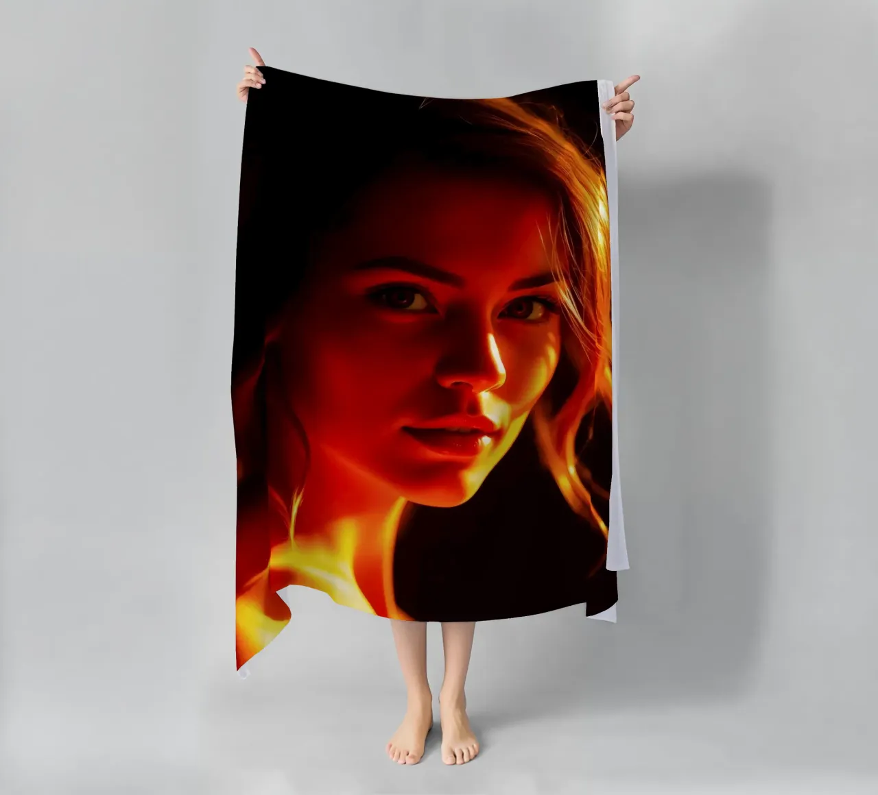 una donna con una luce calda che mette in risalto i suoi tratti espressivi telo mare da DesignDoodle