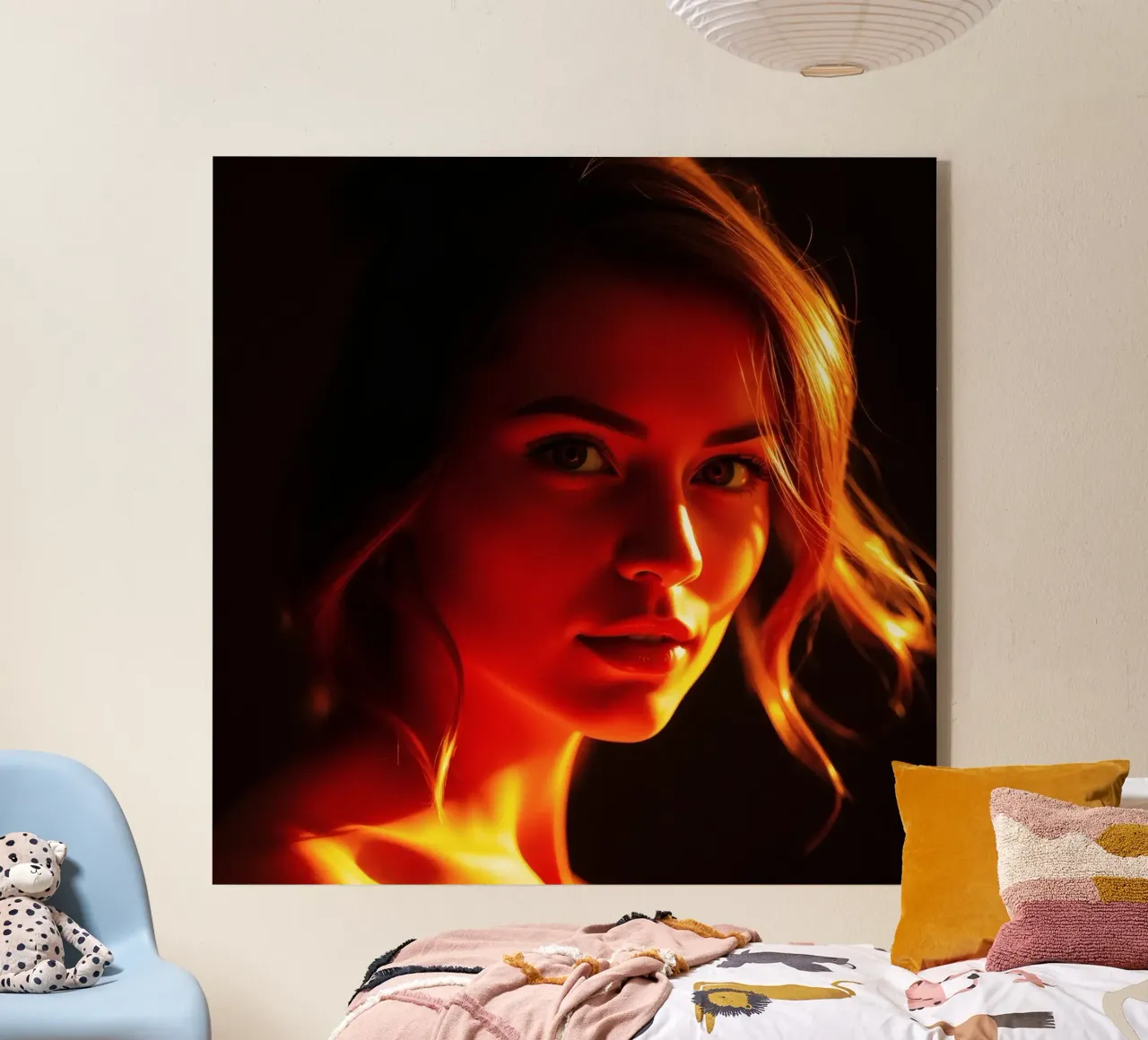 una donna con una luce calda che mette in risalto i suoi tratti espressivi plexiglass da DesignDoodle