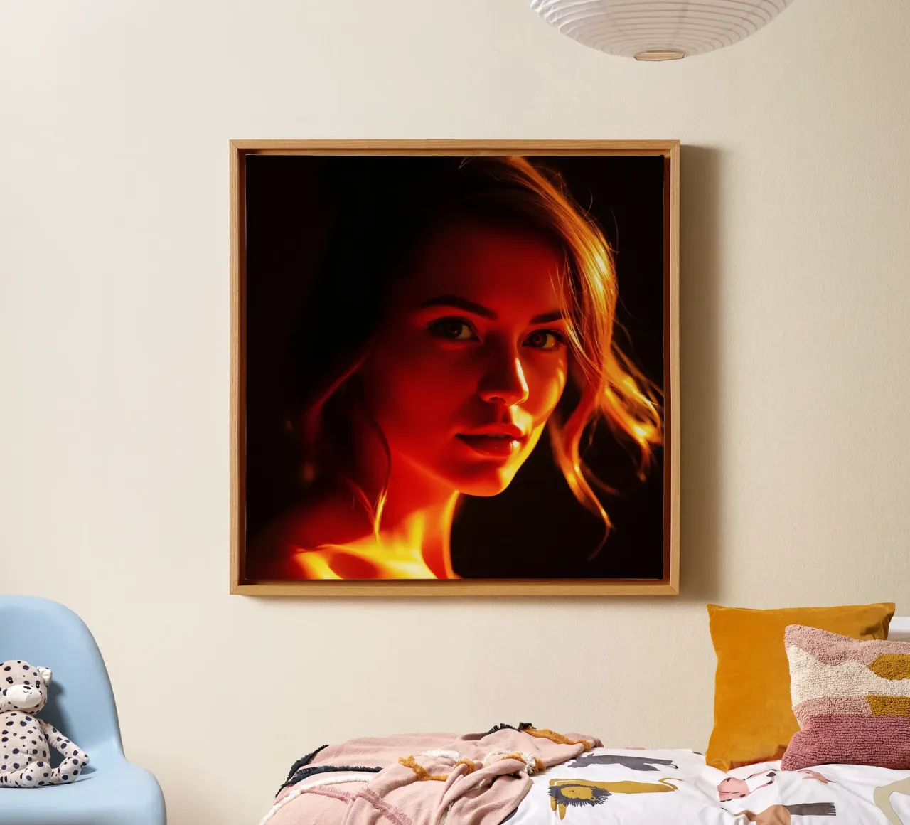 una donna con una luce calda che mette in risalto i suoi tratti espressivi tela con Cornice a cassetta da DesignDoodle