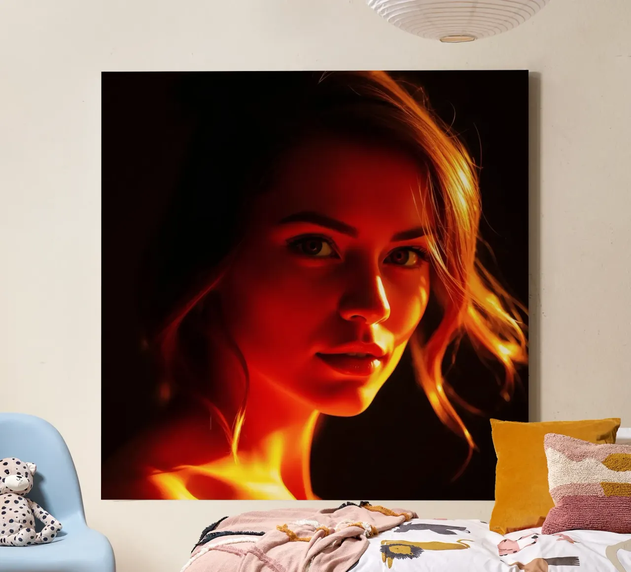 una donna con una luce calda che mette in risalto i suoi tratti espressivi tela con Cornice a cassetta da DesignDoodle