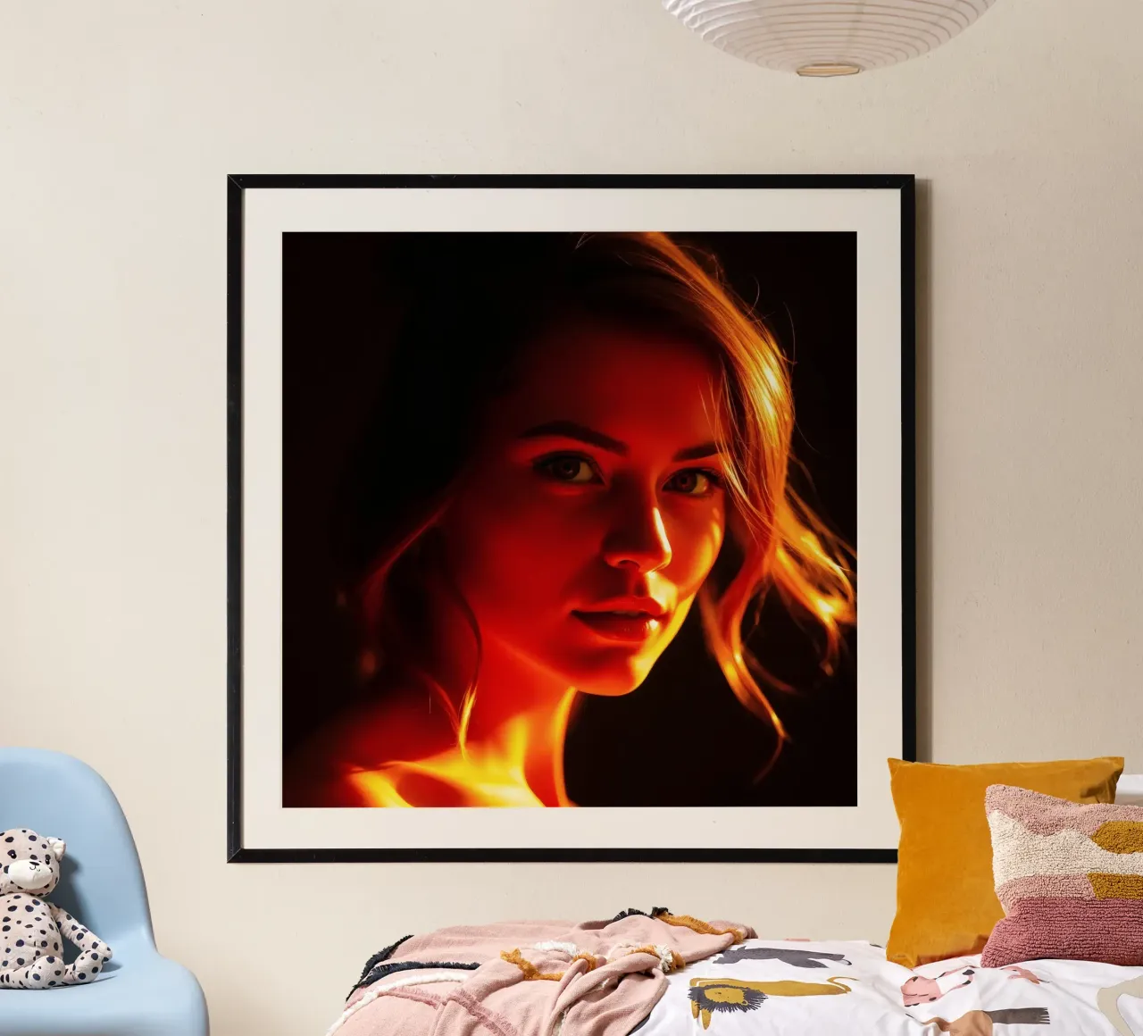 une femme avec un éclairage chaud mettant en valeur ses traits expressifs poster de DesignDoodle