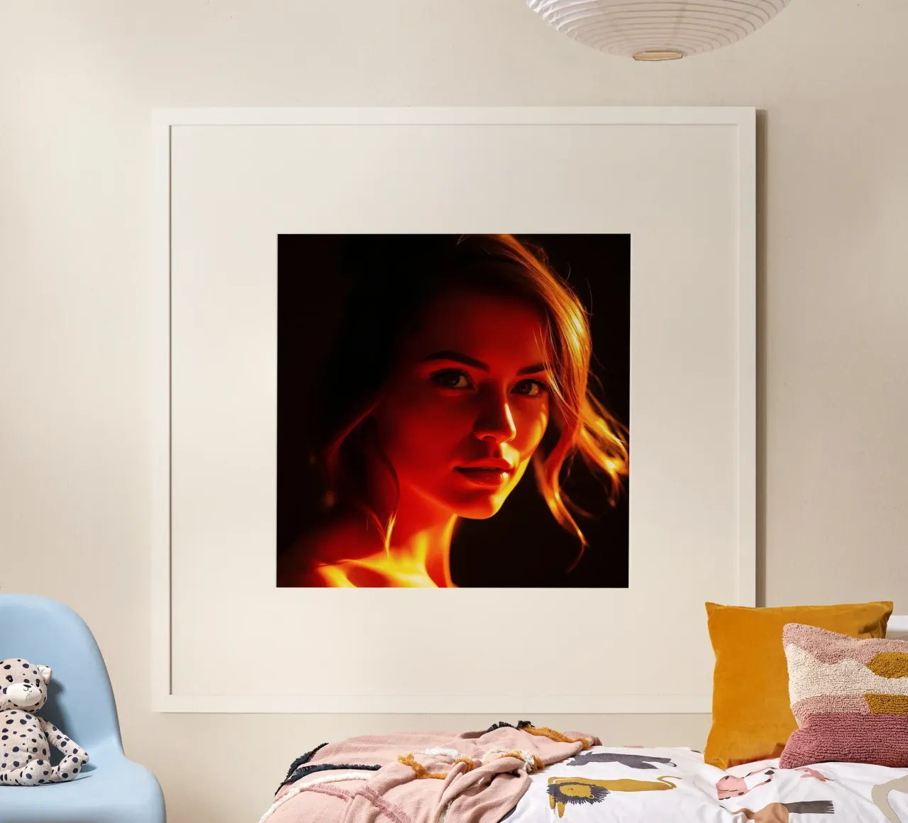 une femme avec un éclairage chaud mettant en valeur ses traits expressifs poster de DesignDoodle