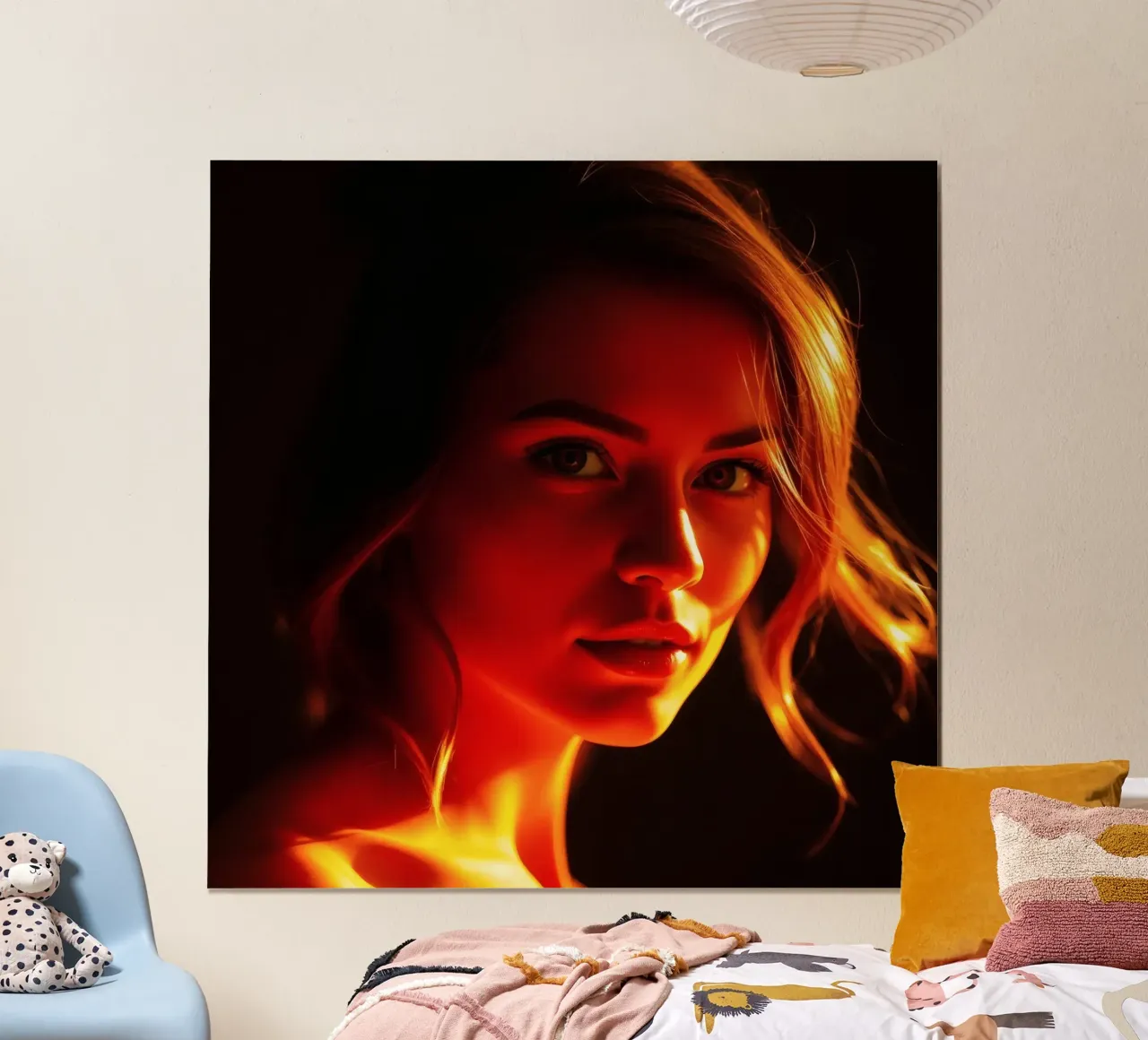 une femme avec un éclairage chaud mettant en valeur ses traits expressifs poster de DesignDoodle