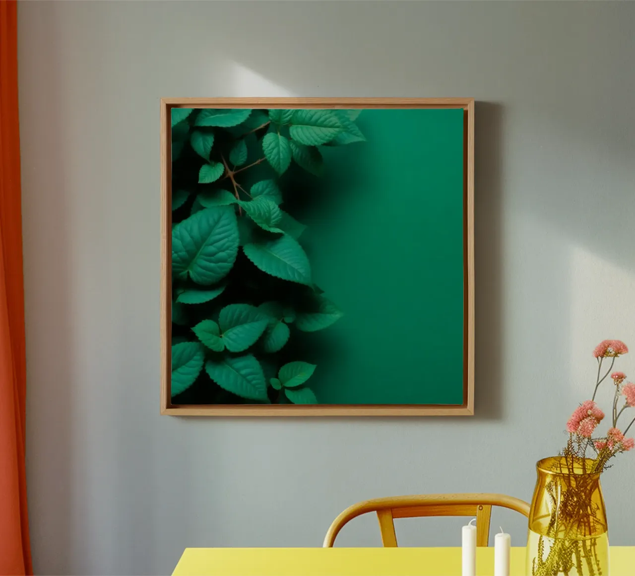 Lush green leaves create a backdrop in a calming nature canvas with Floater frame by DesignDoodle