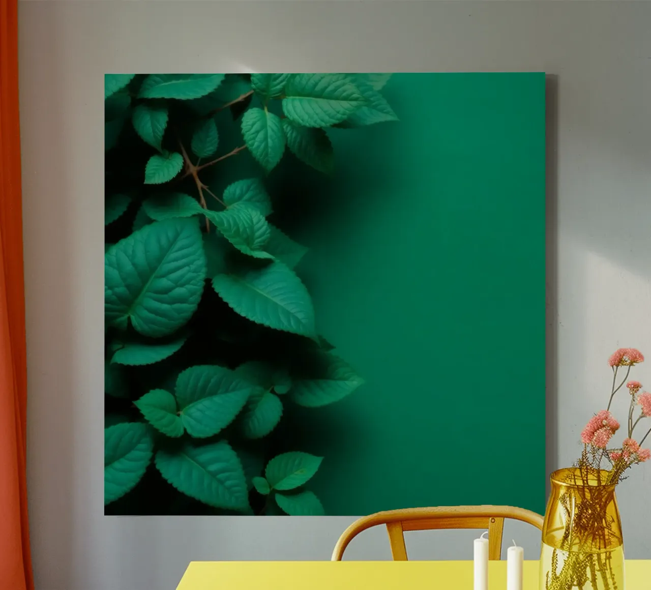 Lush green leaves create a backdrop in a calming nature canvas with Floater frame by DesignDoodle