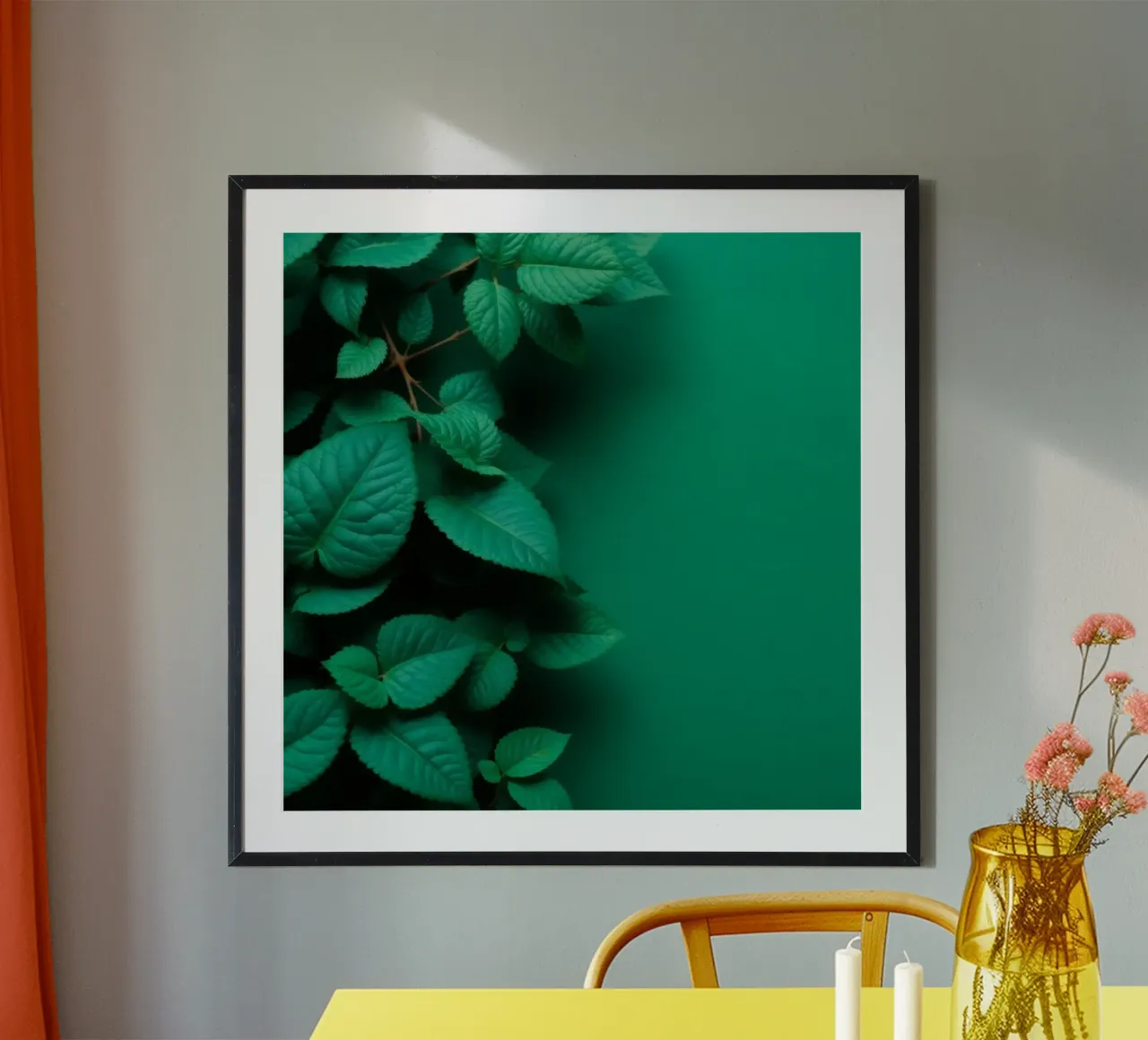 Lush green leaves create a backdrop in a calming nature poster by DesignDoodle