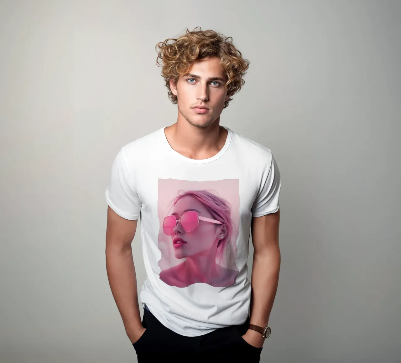 Donna con occhiali da sole rosa che si gode un tramonto in spiaggia t-shirt da DesignDoodle