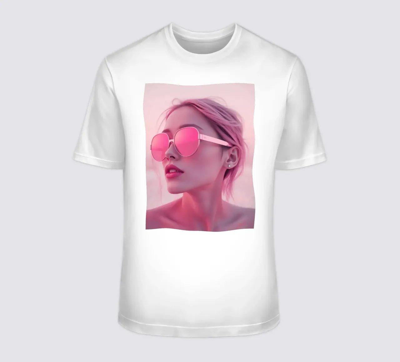 Donna con occhiali da sole rosa che si gode un tramonto in spiaggia t-shirt da DesignDoodle