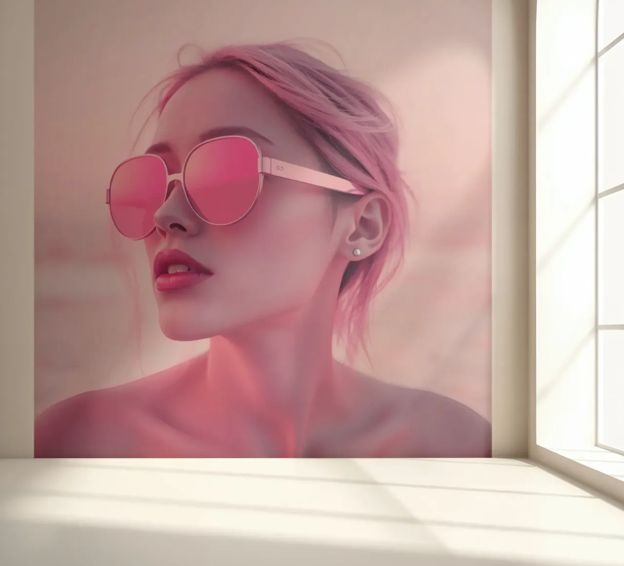 Femme avec des lunettes de soleil roses profitant d'un coucher de soleil à la plage papier peint photo de DesignDoodle