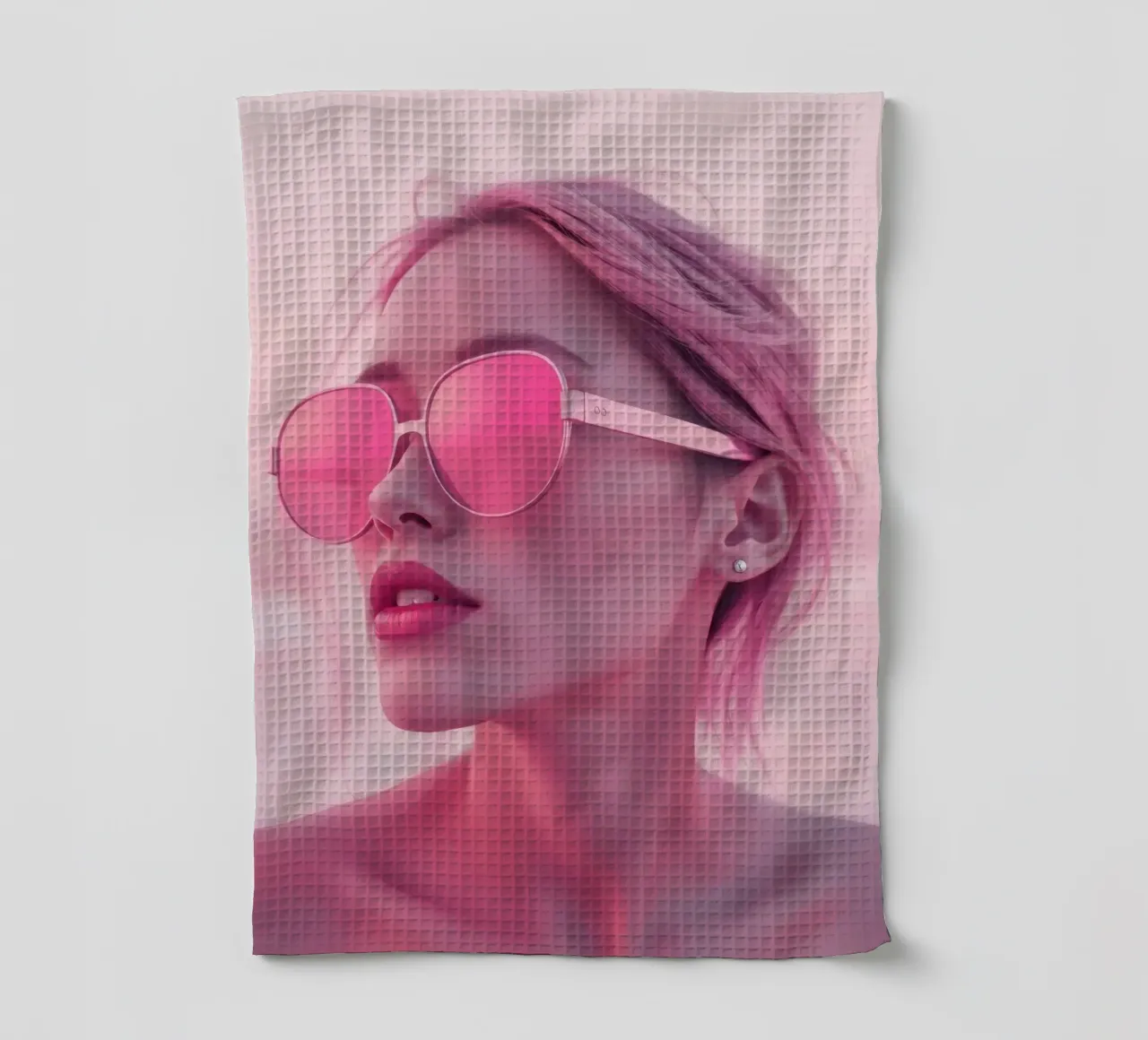 Donna con occhiali da sole rosa che si gode un tramonto in spiaggia canovaccio da cucina da DesignDoodle