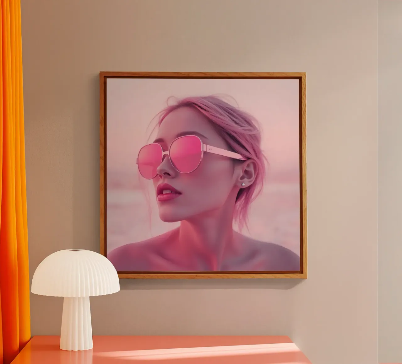 Donna con occhiali da sole rosa che si gode un tramonto in spiaggia plexiglass da DesignDoodle