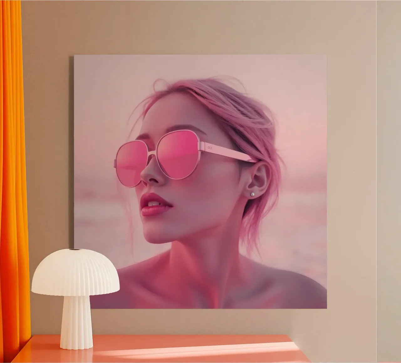 Donna con occhiali da sole rosa che si gode un tramonto in spiaggia plexiglass da DesignDoodle