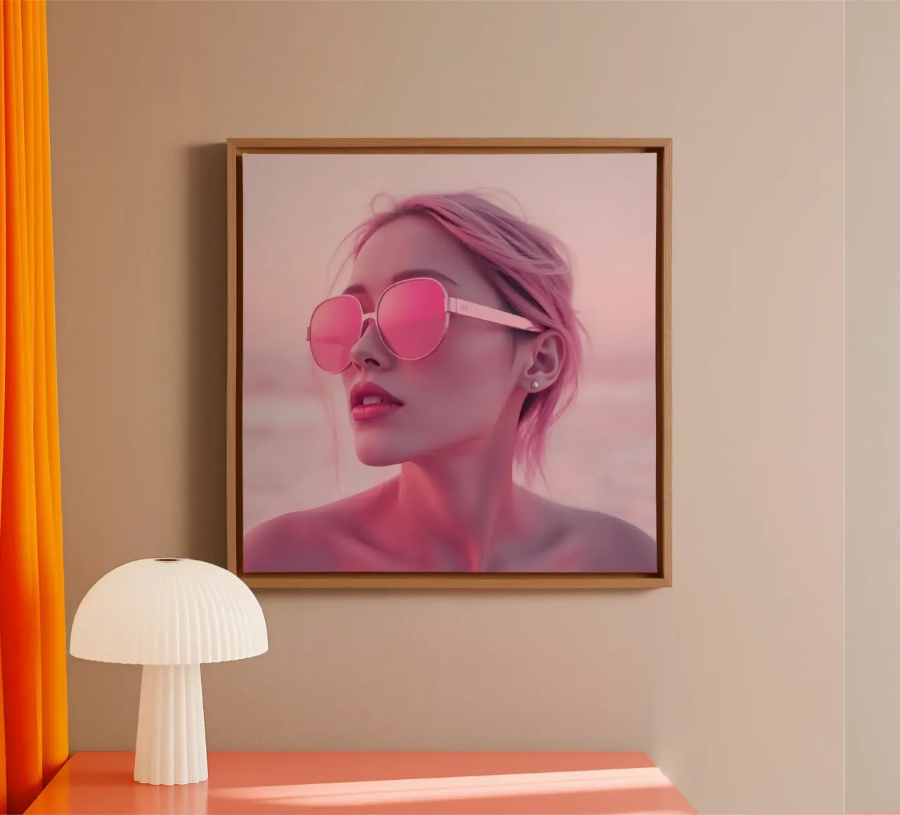 Donna con occhiali da sole rosa che si gode un tramonto in spiaggia tela da DesignDoodle