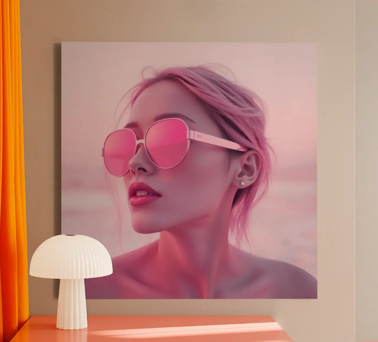 Donna con occhiali da sole rosa che si gode un tramonto in spiaggia tela da DesignDoodle