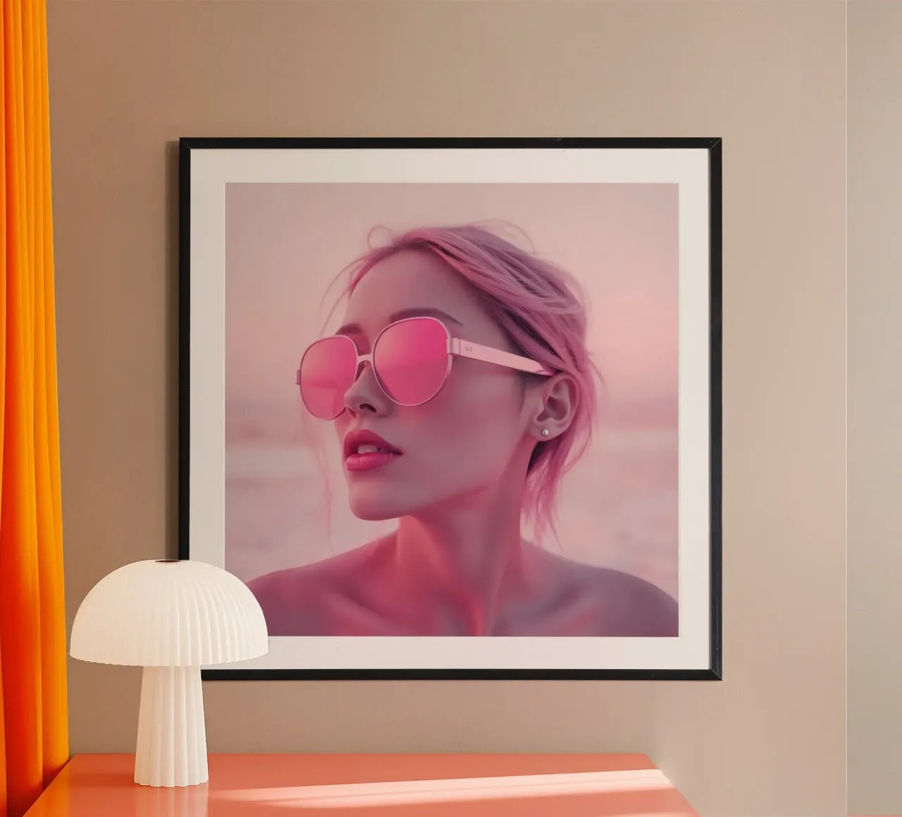 Donna con occhiali da sole rosa che si gode un tramonto in spiaggia carta hahnemühle da DesignDoodle