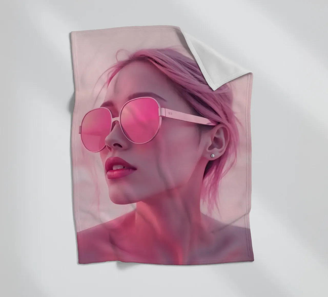 Donna con occhiali da sole rosa che si gode un tramonto in spiaggia coperta in pile da DesignDoodle