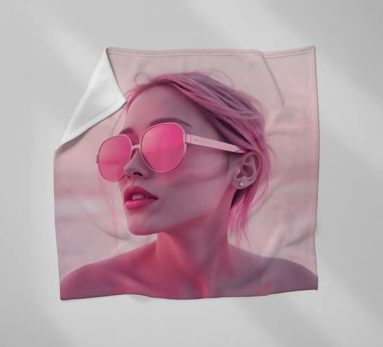 Donna con occhiali da sole rosa che si gode un tramonto in spiaggia coperta in pile da DesignDoodle
