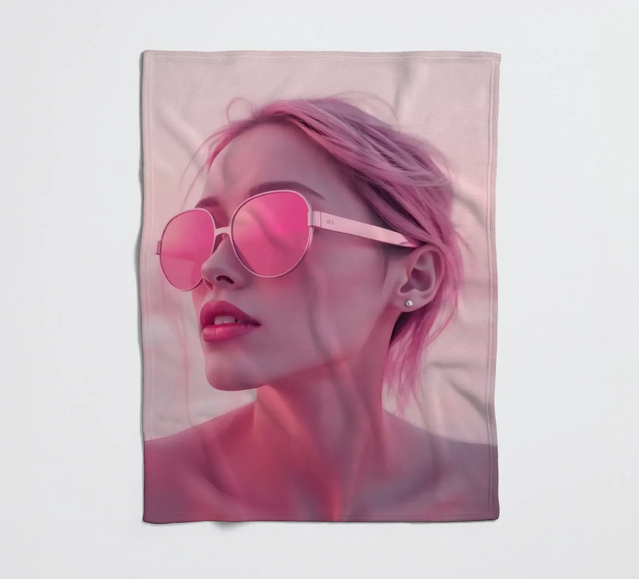 Donna con occhiali da sole rosa che si gode un tramonto in spiaggia coperta in pile da DesignDoodle