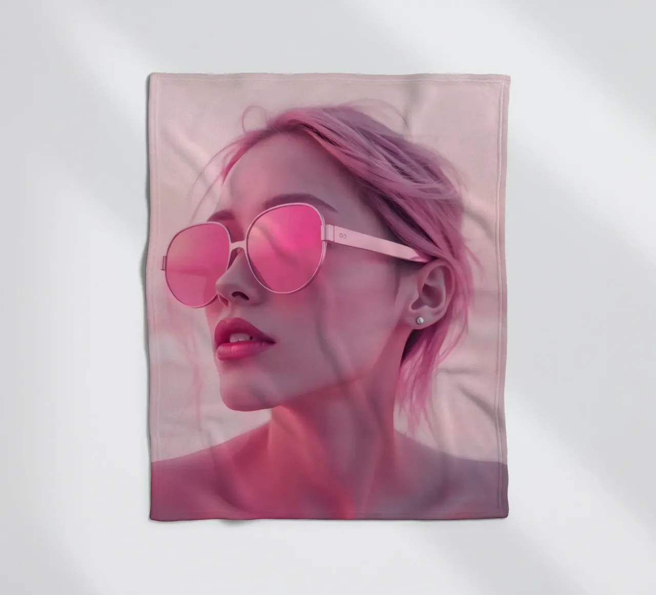 Donna con occhiali da sole rosa che si gode un tramonto in spiaggia coperta in pile da DesignDoodle
