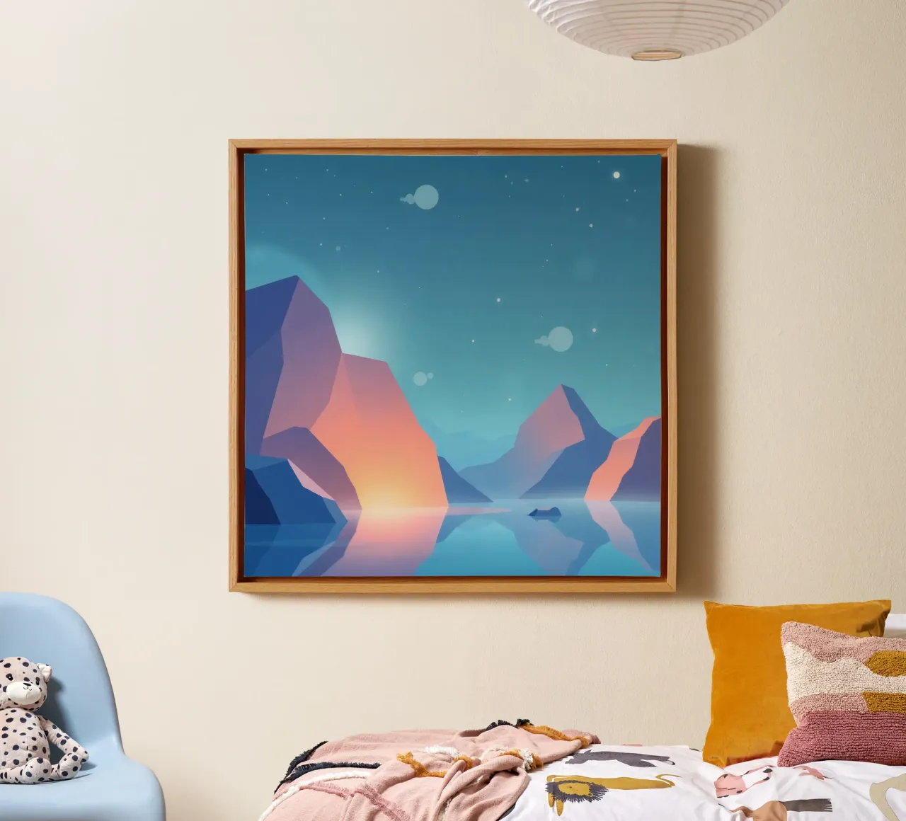 mountains and serene water reflect the calmness canvas with Floater frame by DesignDoodle