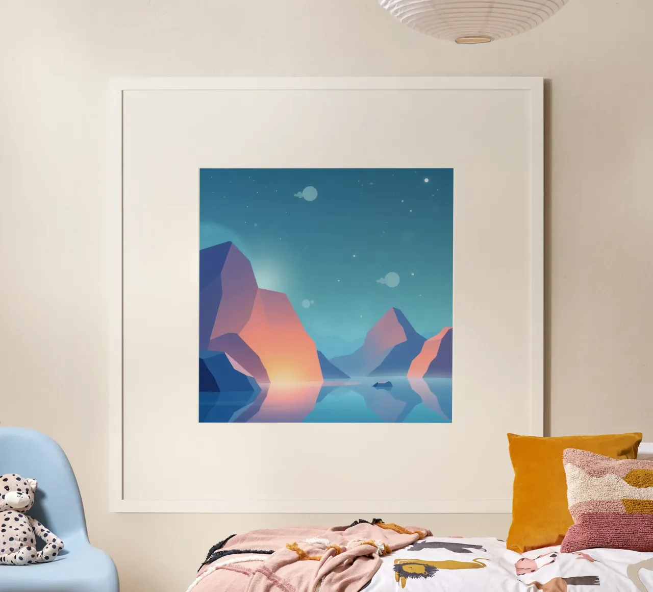 le montagne e l'acqua serena riflettono la calma poster con telaio in alluminio da DesignDoodle