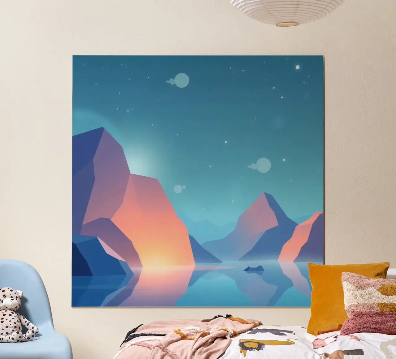 le montagne e l'acqua serena riflettono la calma poster con telaio in alluminio da DesignDoodle