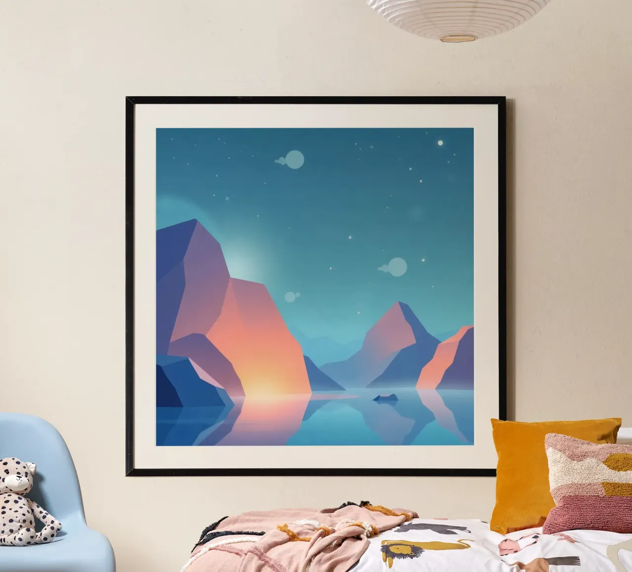 le montagne e l'acqua serena riflettono la calma poster con telaio in alluminio da DesignDoodle