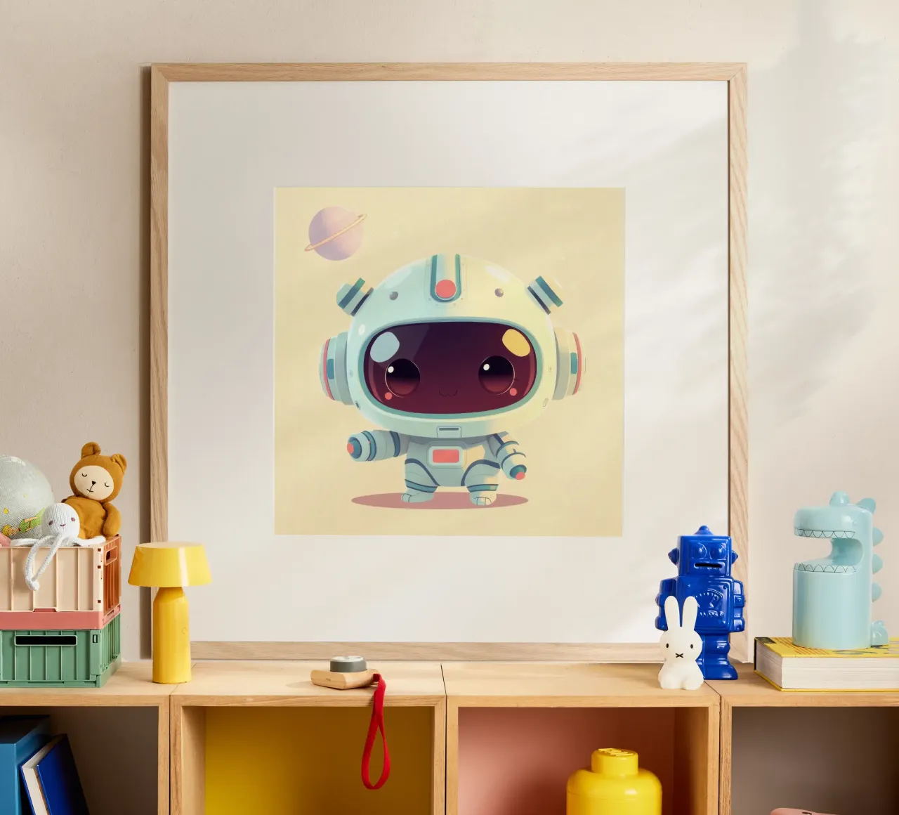 Cute cartoon astronaut character exploring space poster with wooden frame by DesignDoodle
