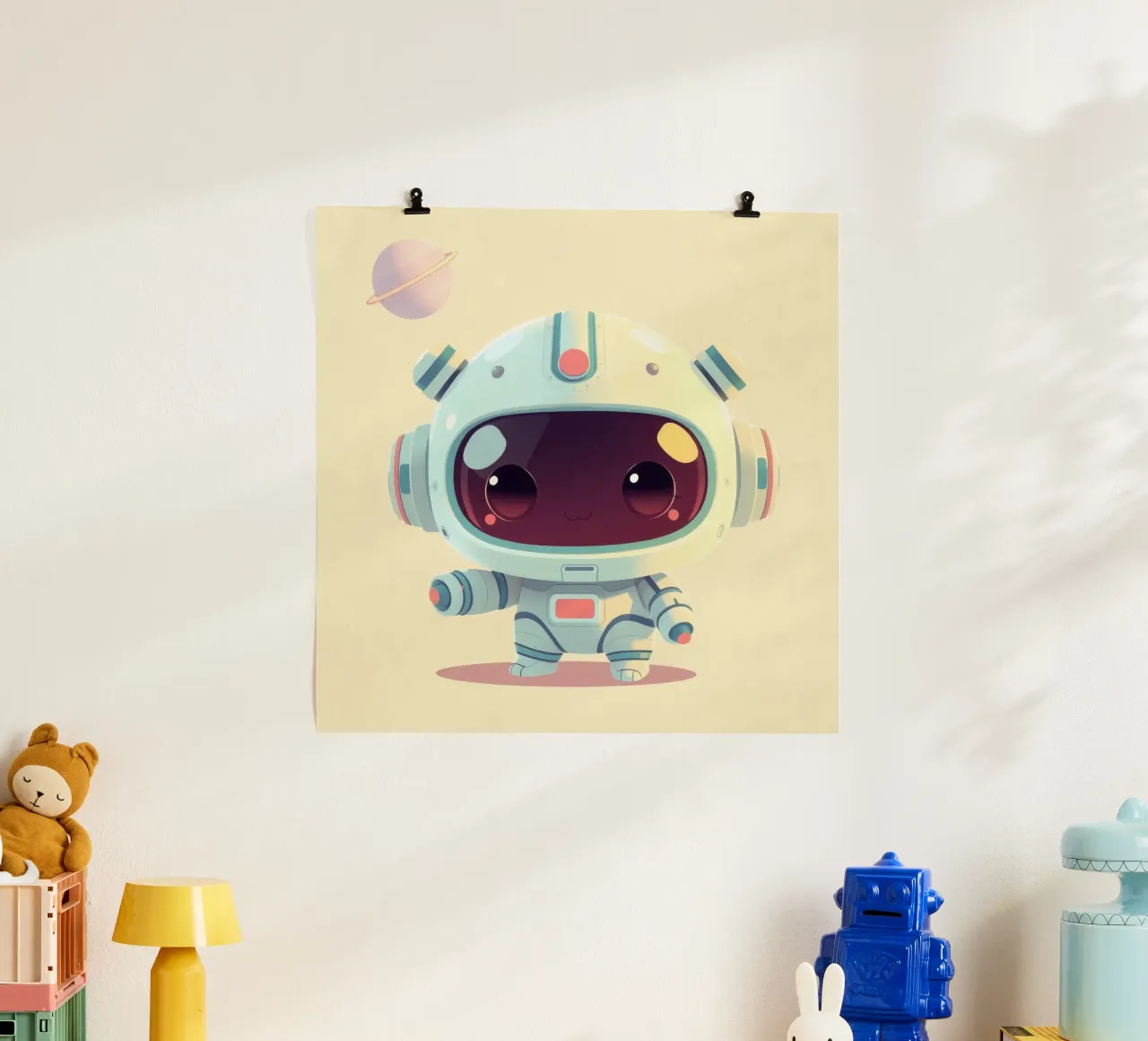 Cute cartoon astronaut character exploring space poster with wooden frame by DesignDoodle
