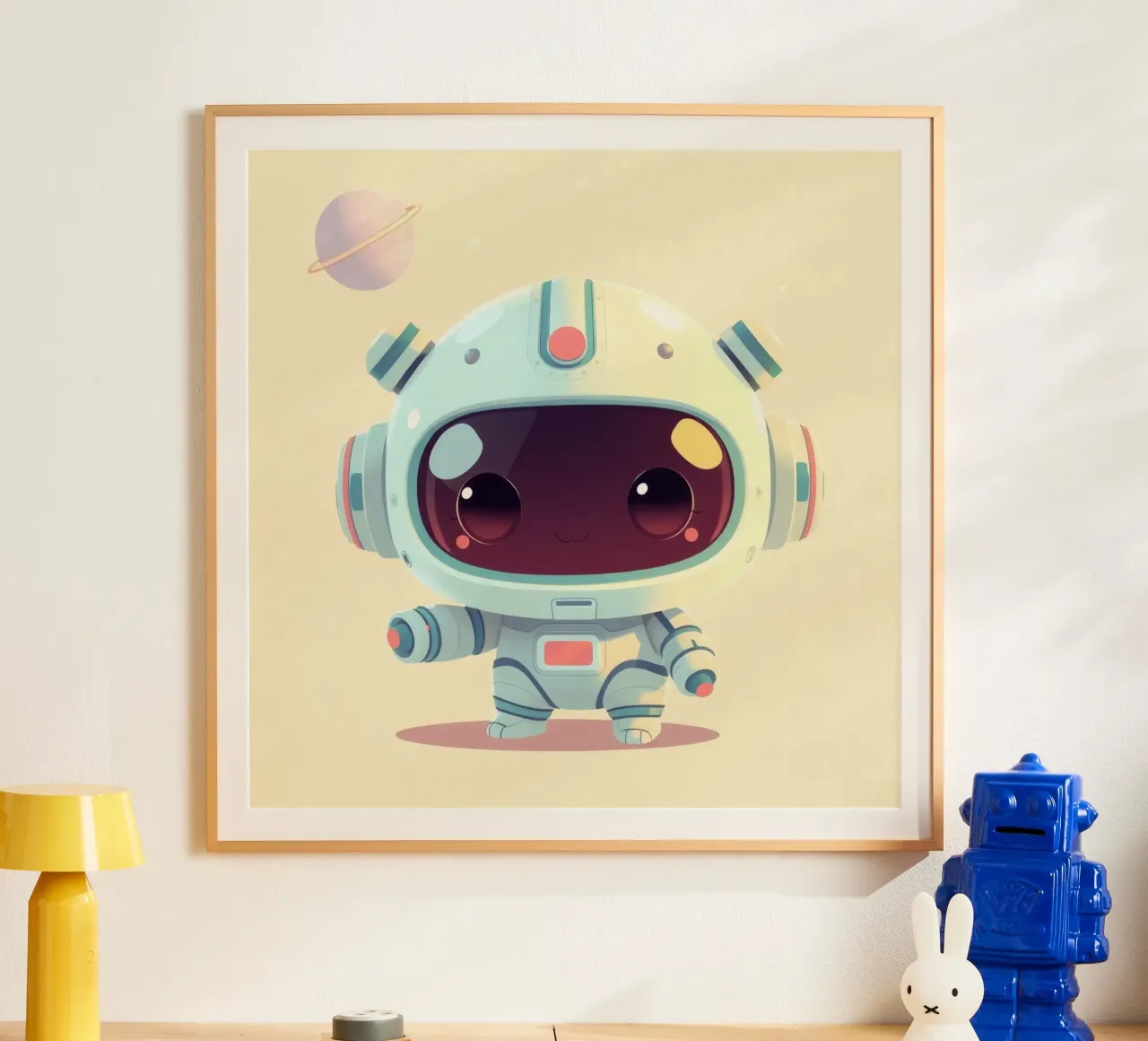 Cute cartoon astronaut character exploring space poster with wooden frame by DesignDoodle