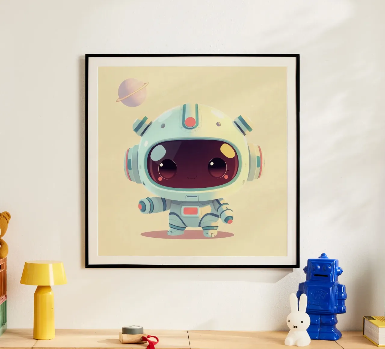 Cute cartoon astronaut character exploring space poster with wooden frame by DesignDoodle