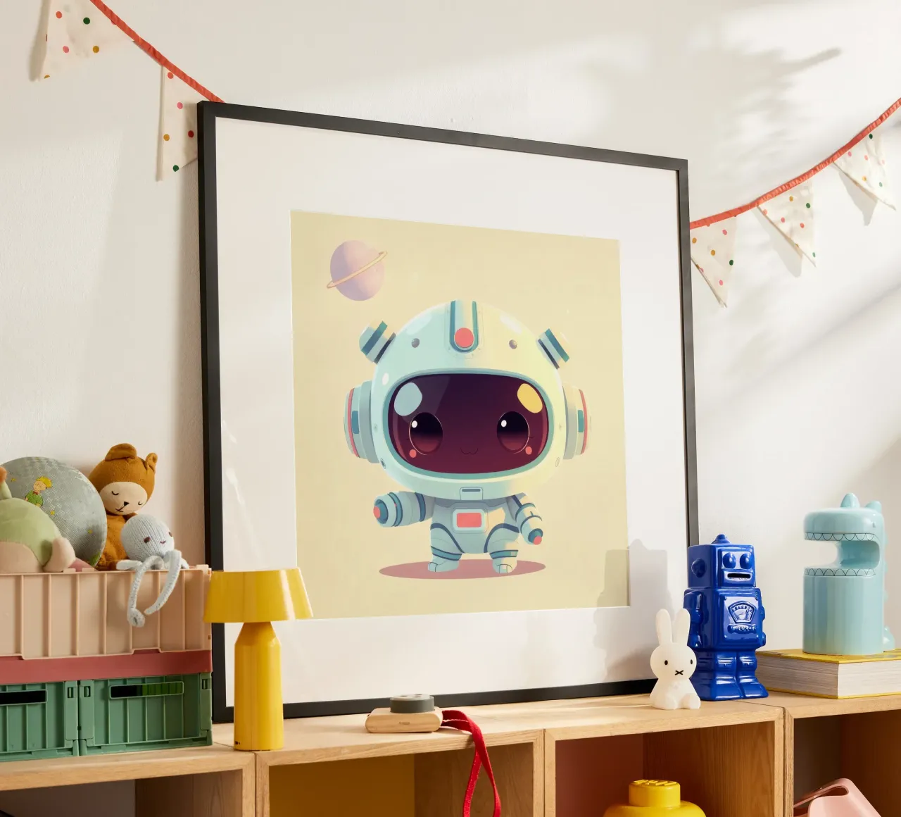 Cute cartoon astronaut character exploring space poster with wooden frame by DesignDoodle
