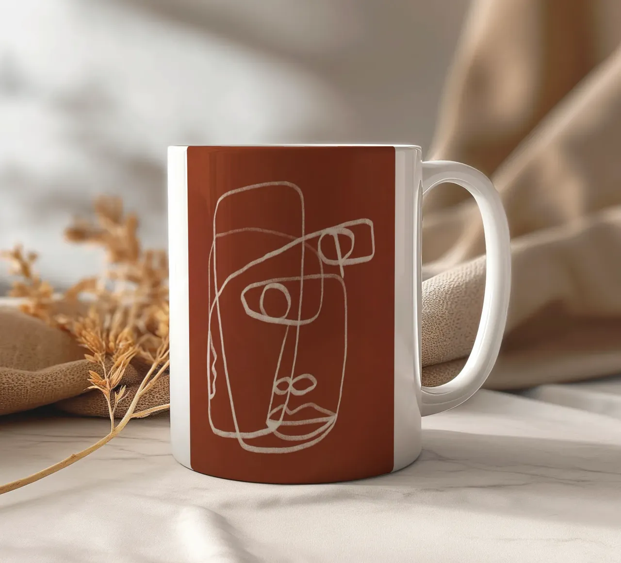 Line art abstract portrait terracotta 02 ceramic mug by Little Dean