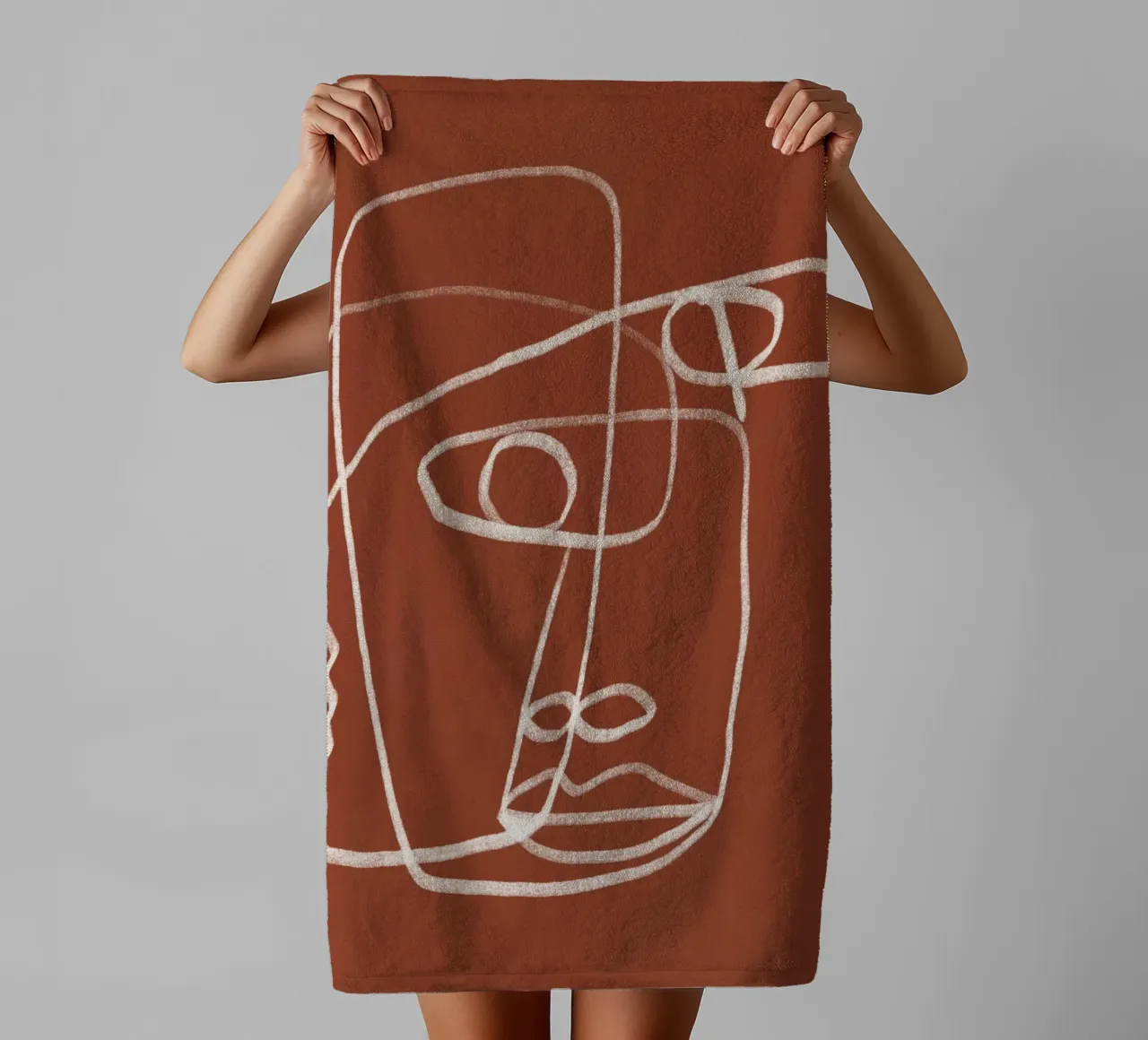 Line art abstract portrait terracotta 02 towel by Little Dean