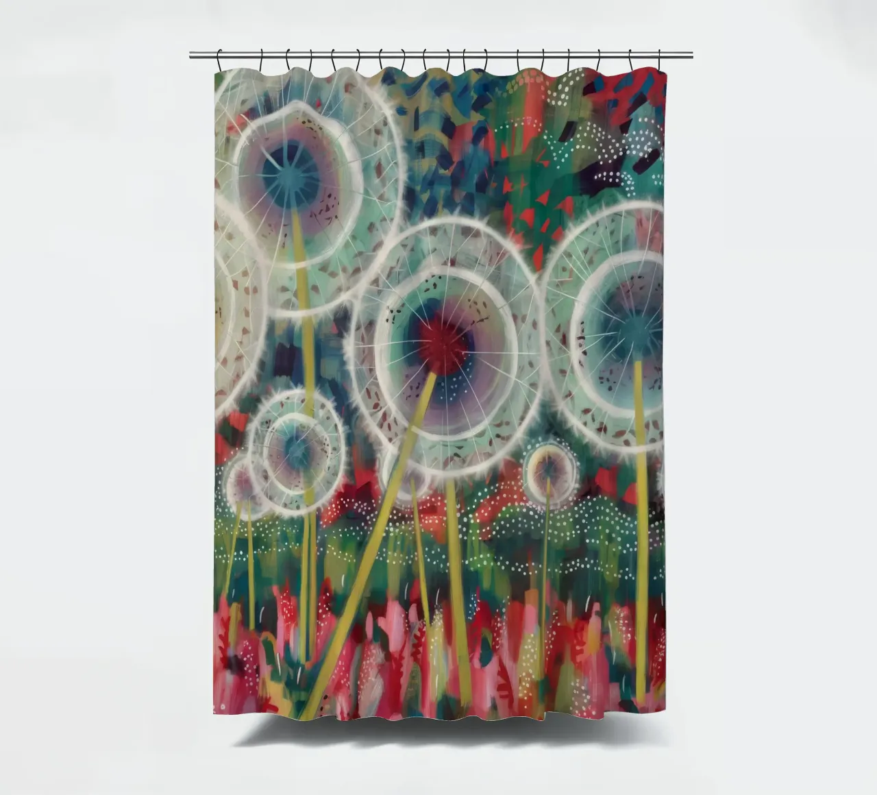 Whimsical Dandelion Dreams shower curtain by Verve Pigments
