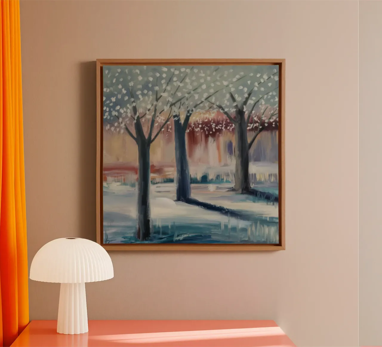 Besneeuwde boomgaard rust canvas met Baklijst van Verve Pigments