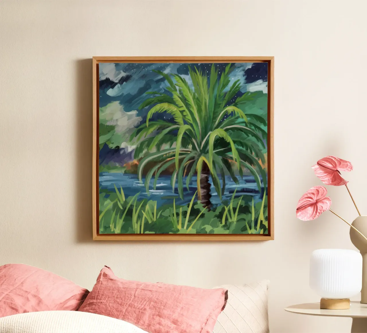 Lush Palm Oasis canvas with Floater frame by Verve Pigments