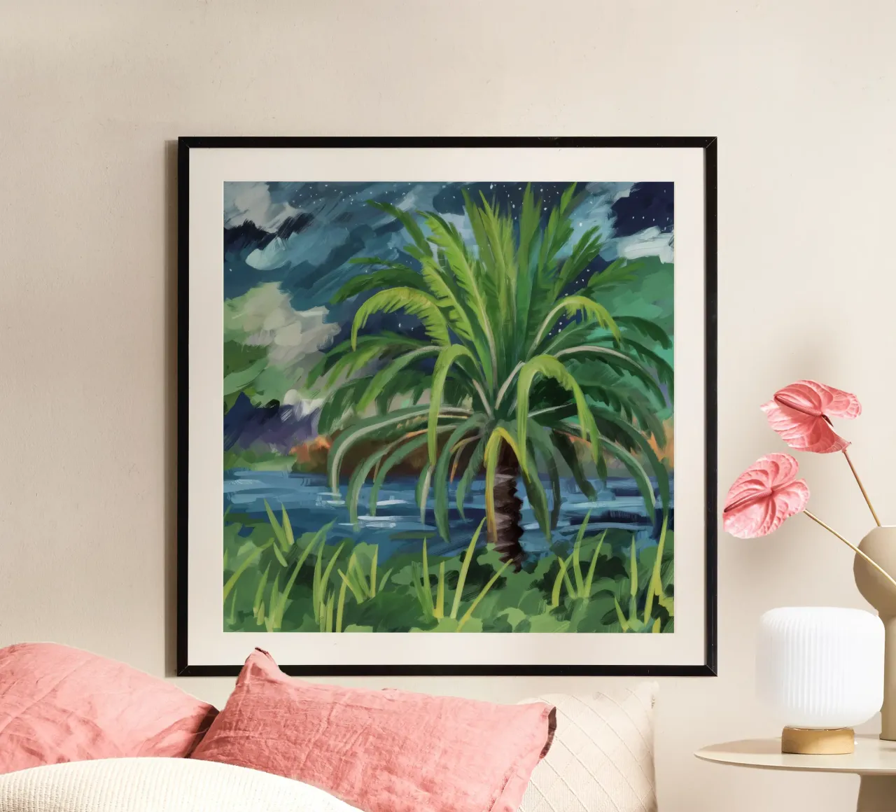 Oasi di palme lussureggianti poster con telaio in plastica da Verve Pigments