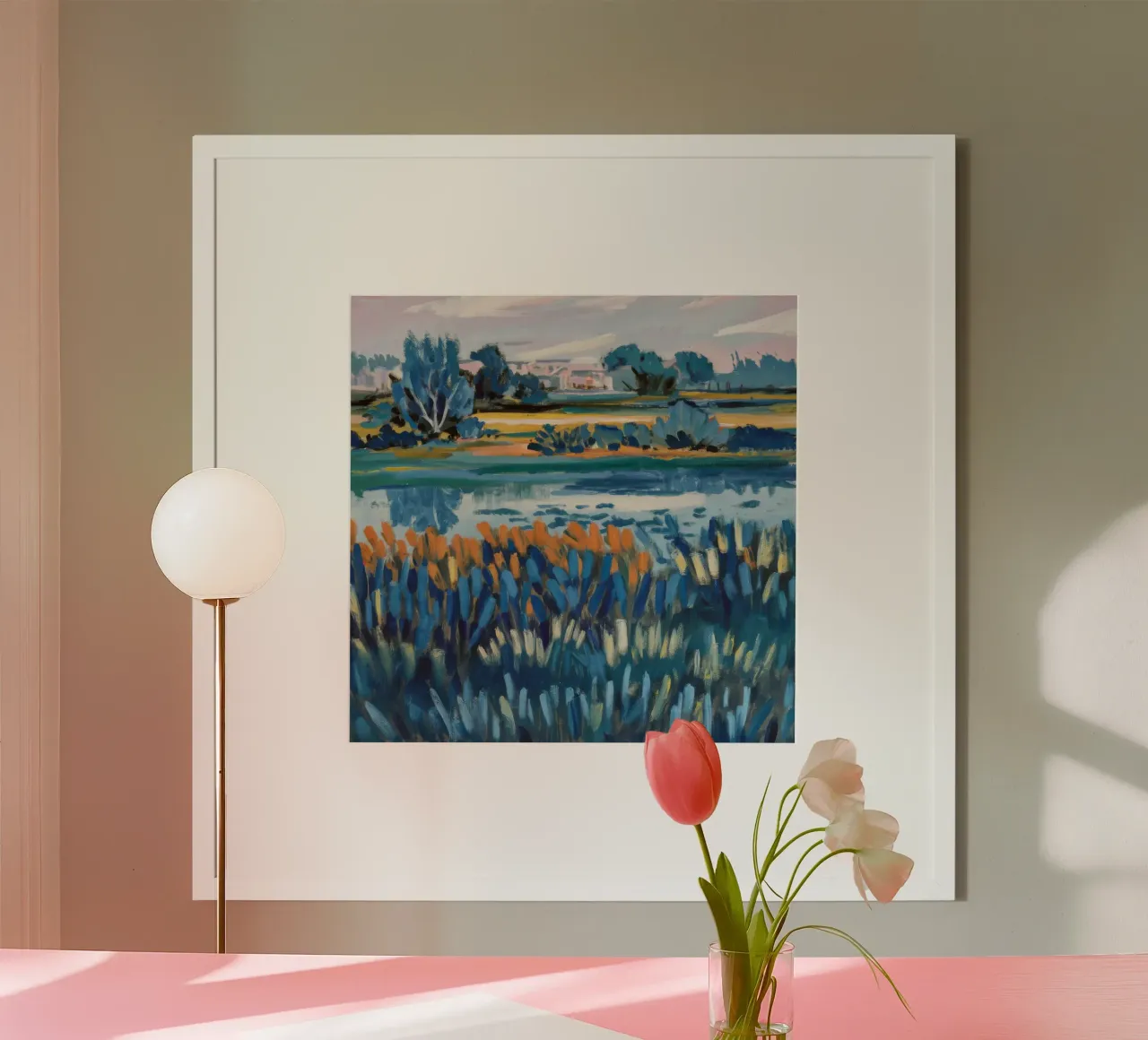 Serenità pastorale del fiume poster con telaio in alluminio da Verve Pigments