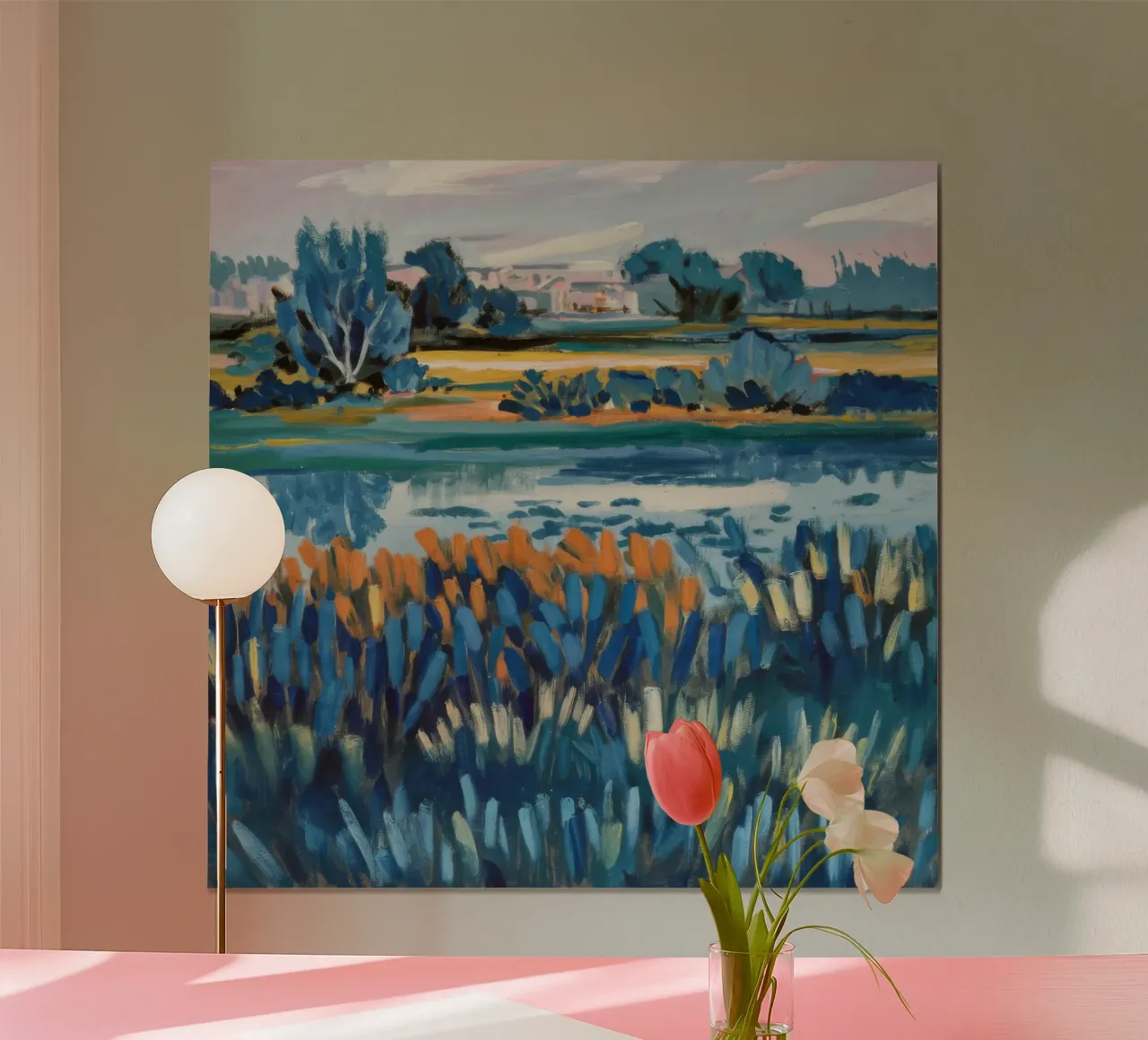 Serenità pastorale del fiume poster con telaio in alluminio da Verve Pigments