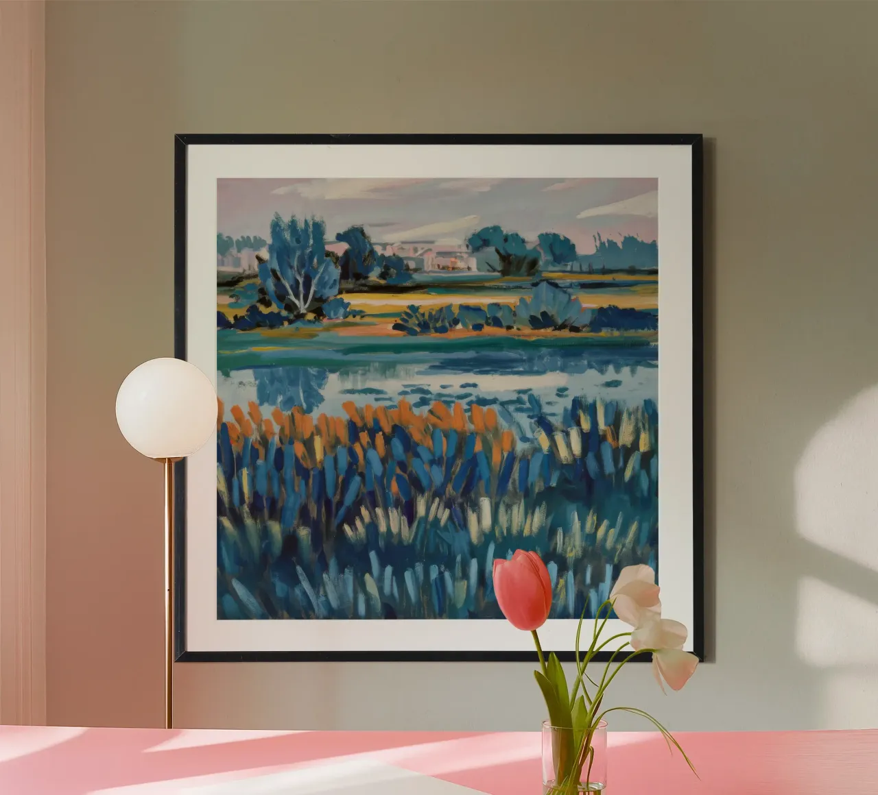 Serenità pastorale del fiume poster con telaio in alluminio da Verve Pigments