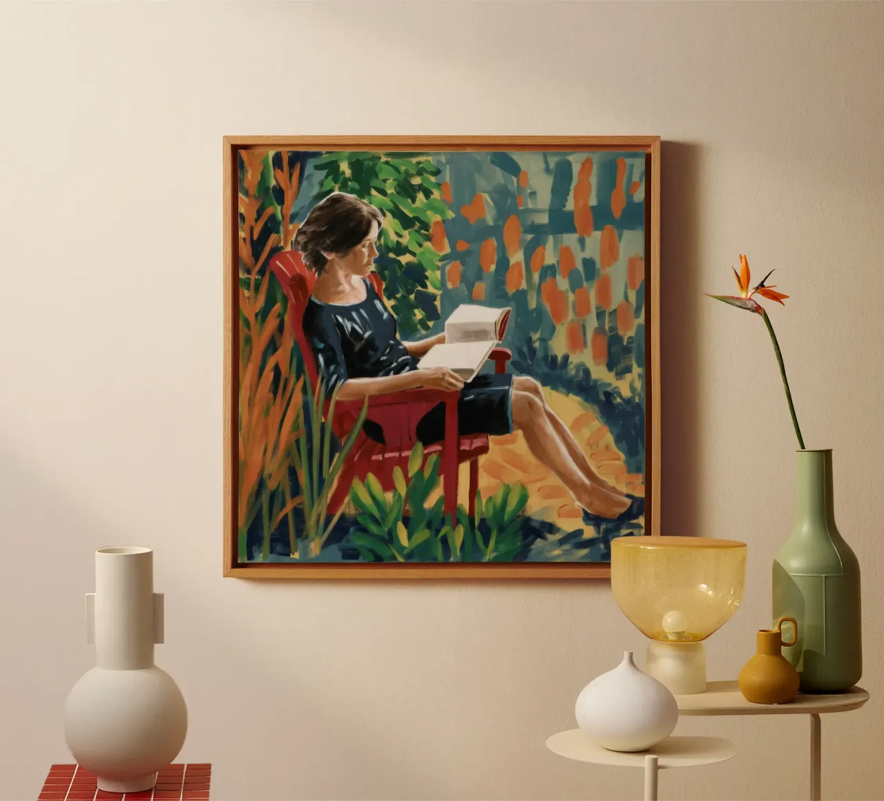 Contemplative Garden Reading canvas with Floater frame by Verve Pigments