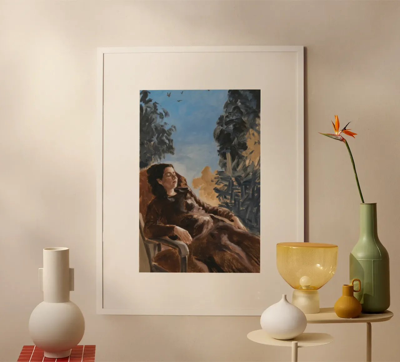 Verträumt liegende Muse Poster mit Kunststoffrahmen von Verve Pigments