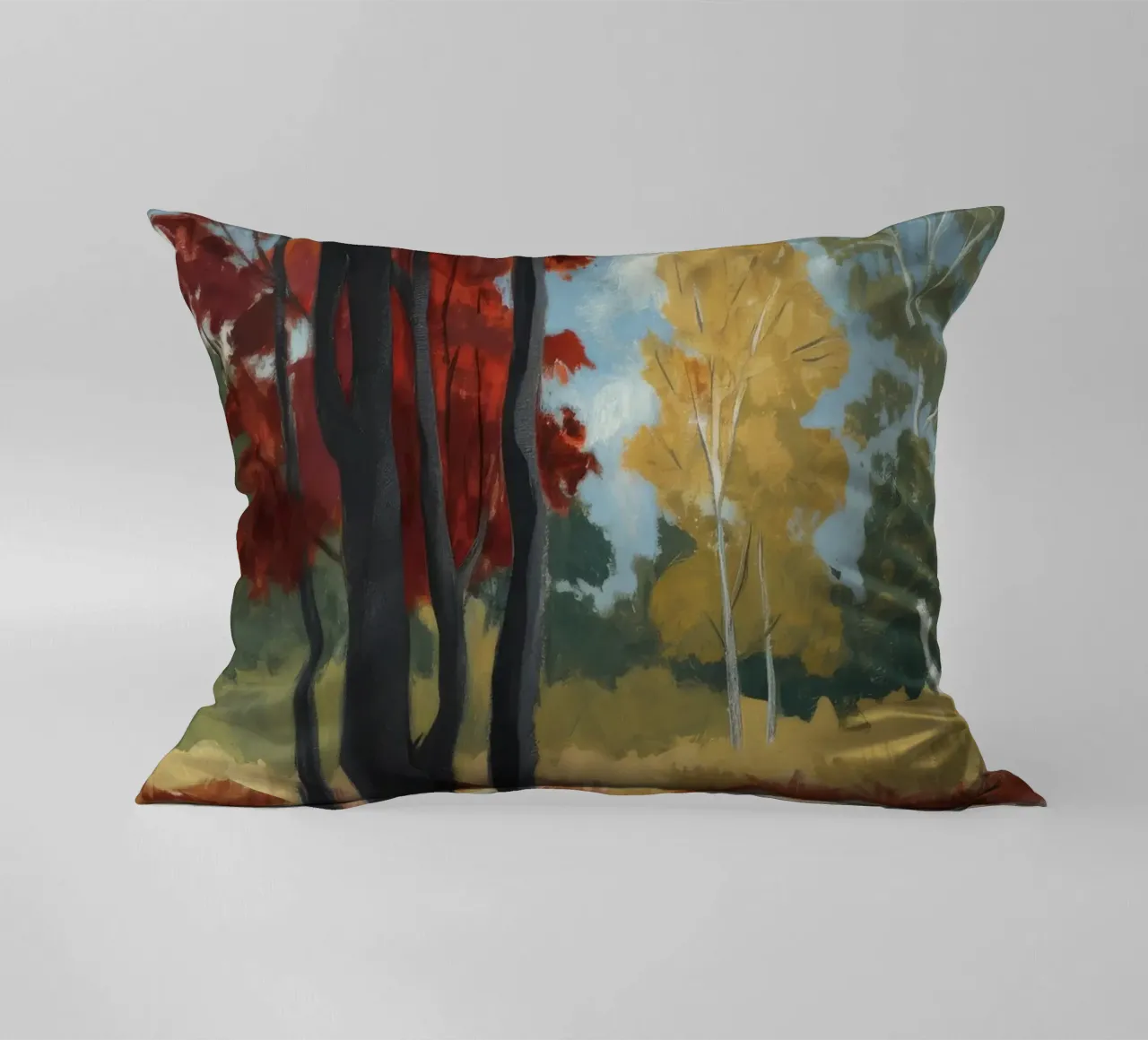 Autumnal Forest Tranquility decorative cushion by Verve Pigments
