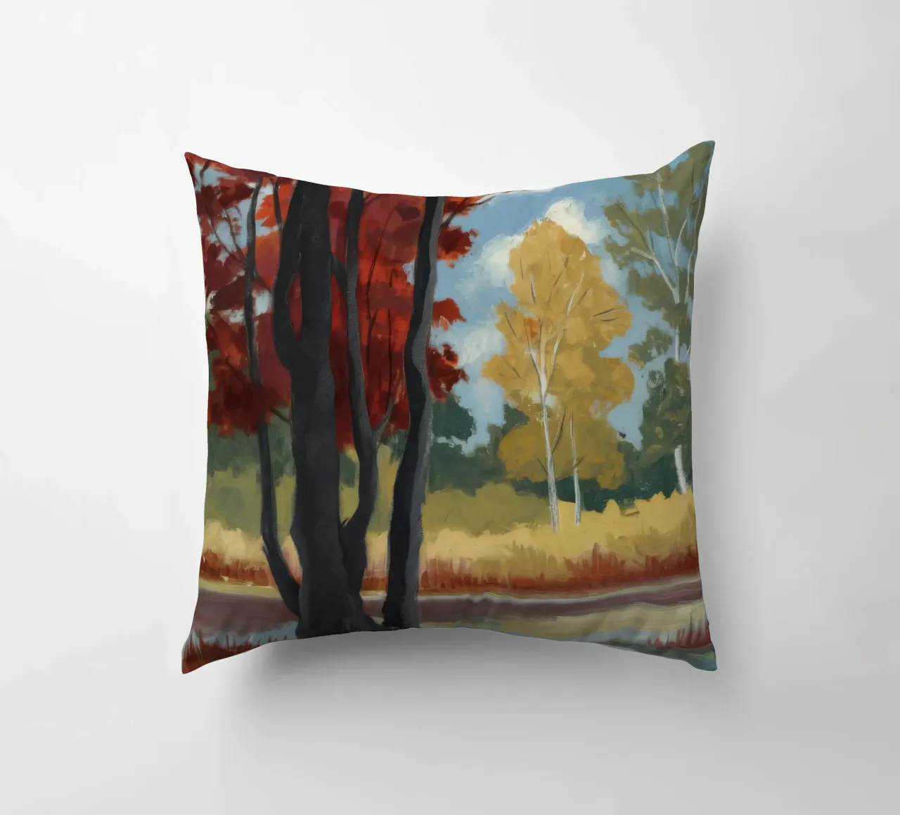 Autumnal Forest Tranquility decorative cushion by Verve Pigments