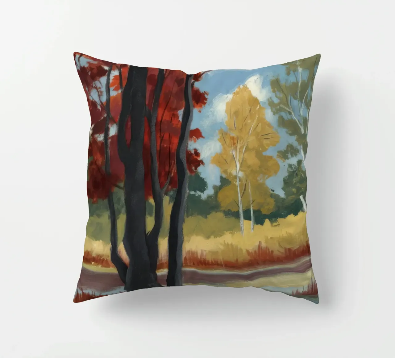 Autumnal Forest Tranquility decorative cushion by Verve Pigments