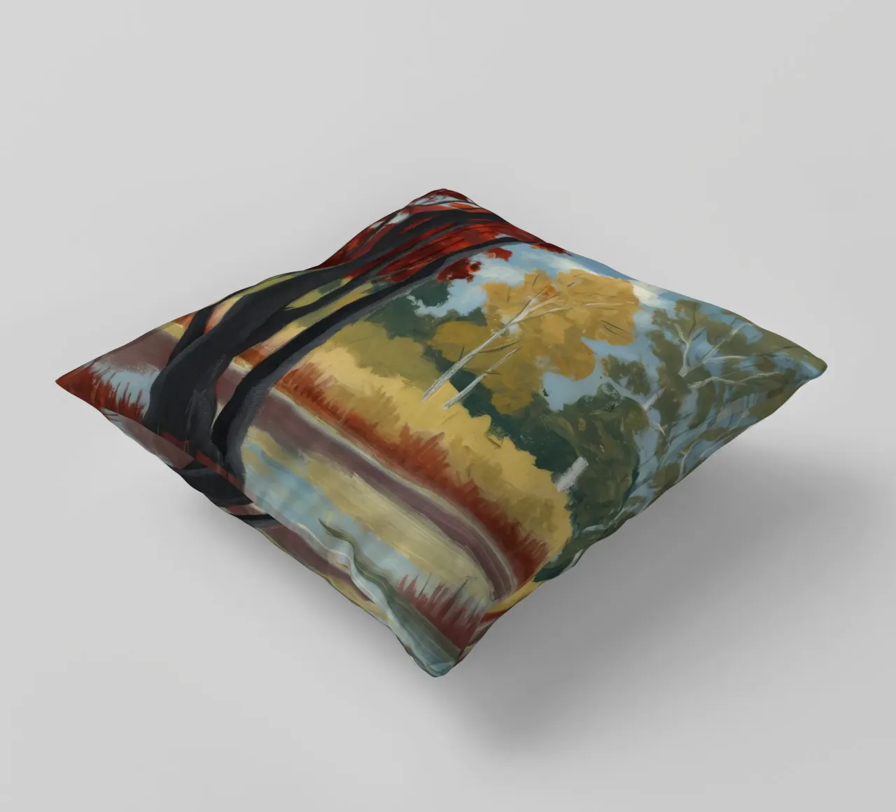 Autumnal Forest Tranquility decorative cushion by Verve Pigments