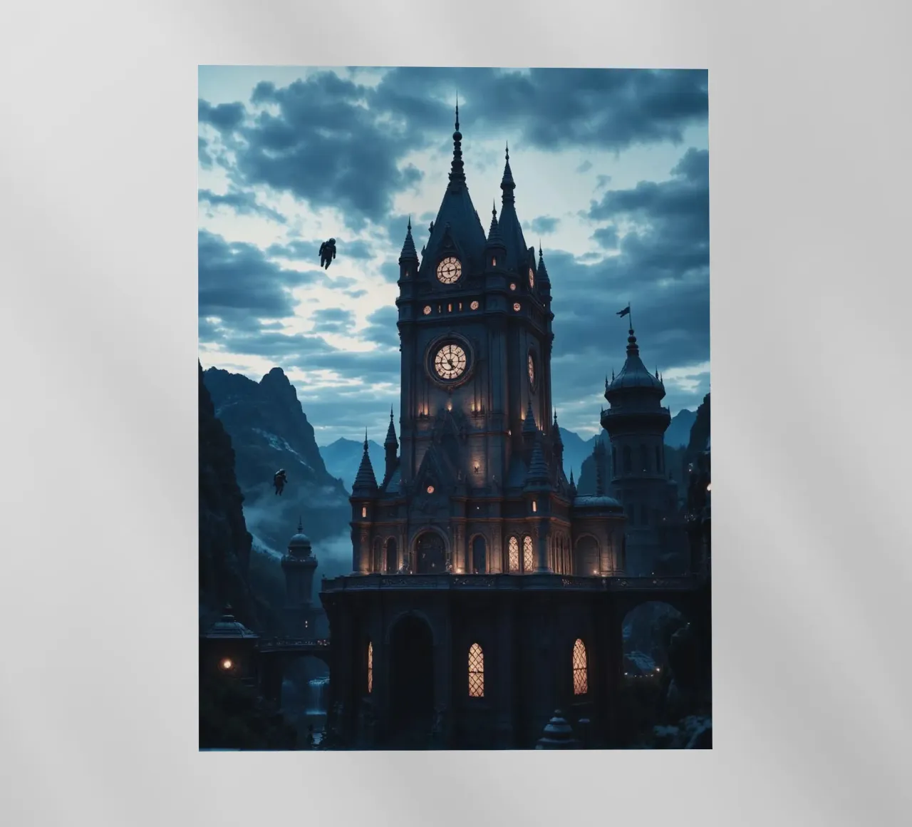 Fantasy surreal castle photo with astronauts levitating in t pellicola backlit da heaventrain