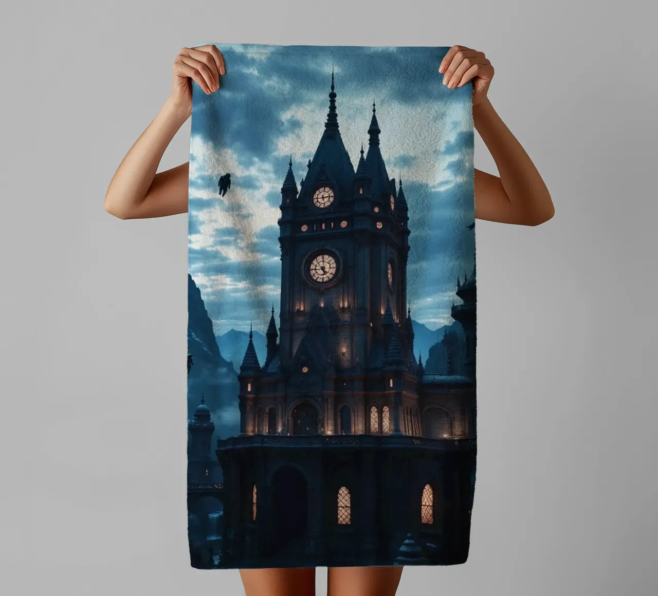 Fantasy surreal castle photo with astronauts levitating in t asciugamano da bagno da heaventrain